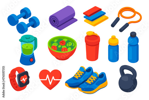 Healthy Lifestyle Icons. Isometric vector illustration set Healthy Lifestyle: dumbbells, yoga mat, resistance bands, jump rope,