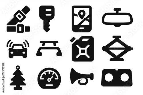 Vehicle Accessories Icons. Solid style icons of Vehicle accessories and equipment: seatbelt, car key, GPS, rearview mirror, car