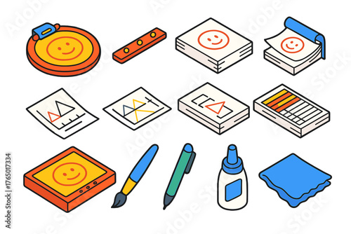 Animation Tools Icons. Isometric vector illustration set design and editing tools: animation disc, peg bar, animation paper,