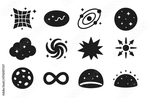 Cosmic Icons Collection. Solid style icons of Universe: expanding universe, cosmic background, planets in orbit, starry sphere,