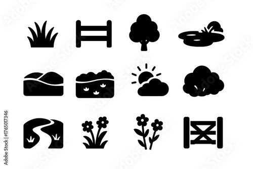 Pasture Icon Set. Solid style icons of Pasture and grazing: grass field, fence, tree, pond, hill, meadow, sun, cloud, bush, dirt