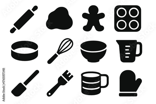 Baking Essentials Icons. Solid style icons of Baking items: rolling pin, dough, cookie cutter, muffin tin, cake pan, whisk, mixing