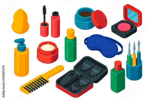 Vibrant Self-Care Essentials. Isometric vector illustration set Makeup, Skincare, and Grooming: foundation sponge, mascara wand,