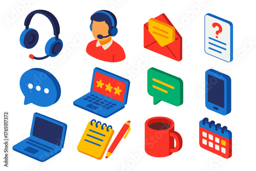 Customer Support Icons. Isometric vector illustration set headset, support agent, email, messaging, feedback, inquiry: padded