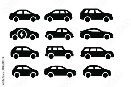 Solid Car Icons. Solid style icons of car types: sedan car, hatchback icon, SUV vehicle, convertible car, electric car icon,