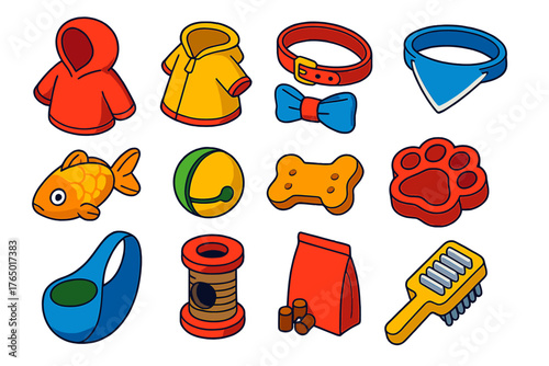 Pet Accessory Icons. Isometric vector illustration set designs for dog and cat lovers: pet hoodie, raincoat, bow tie collar,