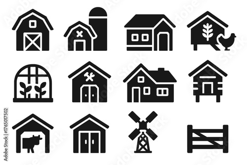 Farm Building Icons. Solid style icons of Farm buildings: barn, silo, stable, chicken coop, greenhouse, tool shed, farmhouse,