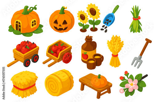 Harvest Festival Icons. Isometric vector illustration set pumpkin, sunflower, apples, and more: fairytale pumpkin, pumpkin lantern