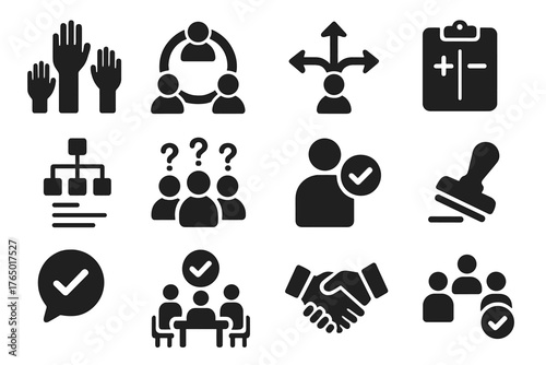 Group Decision Icons. Solid style icons of group decision making: voting hands, consensus circle, choice arrows, pros and cons