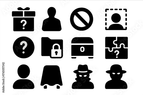 Mystery Icons Collection. Solid style icons of Unknown: mystery box, shadow figure, hidden icon, dotted outline, blurred symbol,