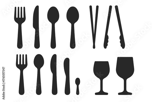 Dining Utensils Icons. Solid style icons of Dining utensils: fork, knife, spoon, chopsticks, serving spoon, tongs, ladle, dessert
