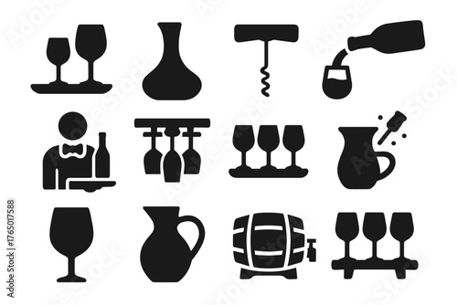 Iconic Wine Essentials. Solid style icons of Serving: wine tray, decanter, bottle opener, pouring into glass, waiter with wine,