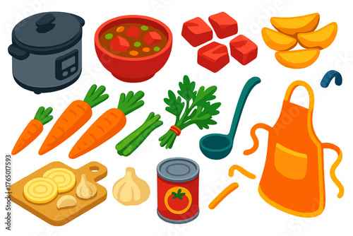 Cooking Essentials Isometric. Isometric vector illustration set cooking themes: slow cooker, stew bowl, beef chunks, potato wedges