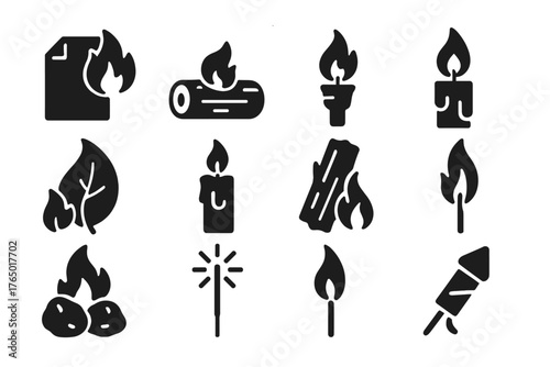 Burning Objects Icons. Solid style icons of Burning objects: burning paper, burning log, flaming torch, candle flame, scorched