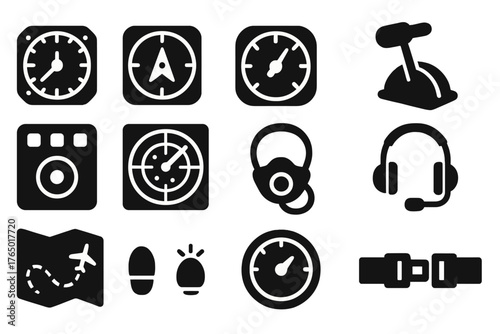Aircraft Instruments Icons. Solid style icons of Flight instruments and equipment: altimeter, compass, airspeed indicator,
