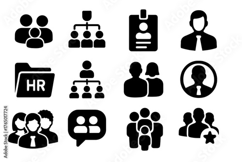 Team Icons Set. Solid style icons of people and organization: user group, department icon, employee badge, manager avatar, HR