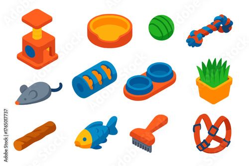 Pet Lover Essentials. Isometric vector illustration set designs for dog and cat lovers: plush cat tower, soft round bed, rubber