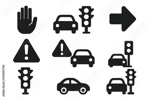 Traffic Control Icons. Solid style icons of stop and go actions: stop icon with hand, car stopping at red, go arrow green, proceed