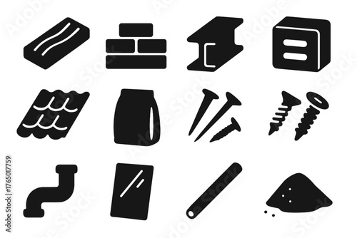 Construction Material Icons. Solid style icons of Materials: wooden plank, pile of bricks, steel beam, concrete block, roof tile,