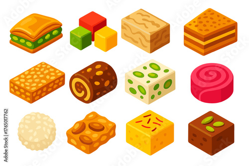Sweet Treats Collection. Isometric vector illustration set sweet treats collection: baklava slice, Turkish delight, halva bar,