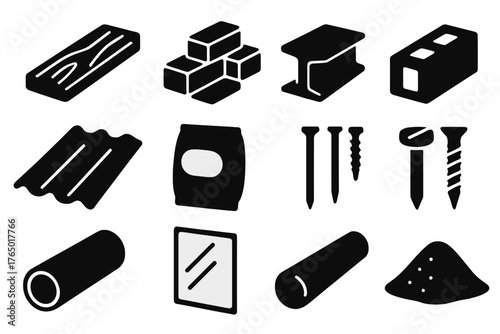 Construction Material Icons. Solid style icons of Materials: wooden plank, pile of bricks, steel beam, concrete block, roof tile,