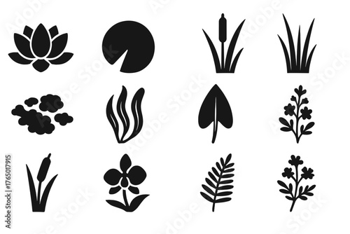 Pond Plant Icons. Solid style icons of Pond Plants: lotus flower, lily pad, cattail, reed grass, floating moss, pondweed,
