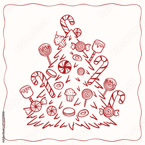 Christmas tree decorated with candies, vector art