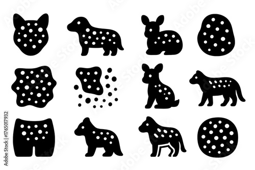 Spotted Pattern Icons. Solid style icons of Spotted Patterns: white spots on coat, dotted fur, spotted back, faded spots,