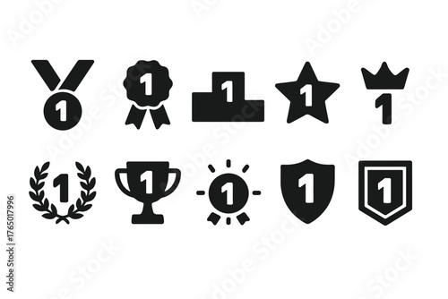 First Place Icons. Solid style icons of First place: number 1 medal, golden ribbon, podium first spot, star with 1, crown on 1,