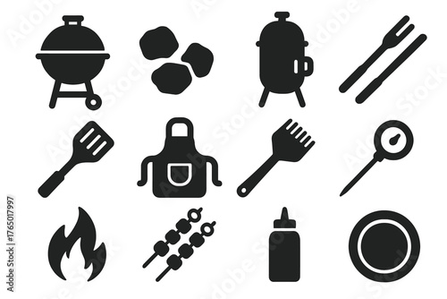 Barbecue Essentials Icons. Solid style icons of Barbecue essentials: grill, charcoal, smoker, tongs, spatula, apron, grill brush,
