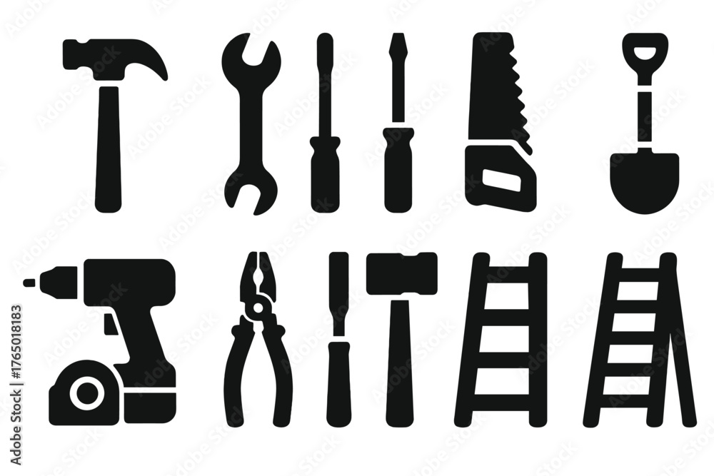 Obraz premium Construction Tools Icons. Solid style icons of Construction tools: hammer, wrench, screwdriver, saw, drill, pliers, chisel, shovel
