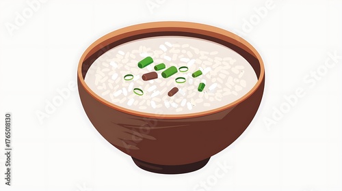 Close up of a wooden bowl filled with rice and beans topped with diced meat and herbs on a tray