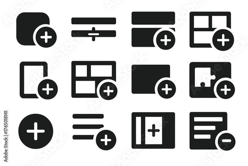 UI Interface Additions. Solid style icons of interface additions: add widget, add row icon, insert section, plus in layout,