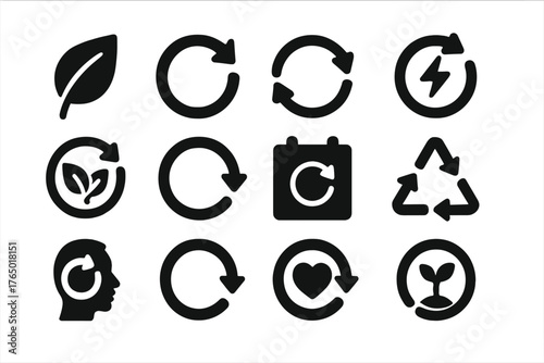 Renewal Icons Collection. Solid style icons of renewal and regeneration: leaf with arrow, reset icon, renew cycle, refresh energy,