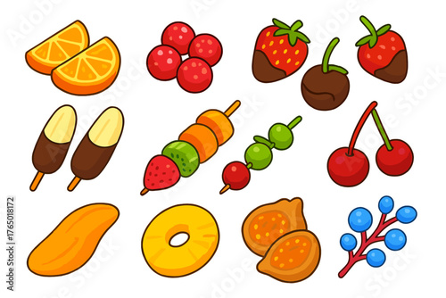 Colorful Sweet Treats. Isometric vector illustration set sweet treats collection: candied orange slices, sugared cranberries,