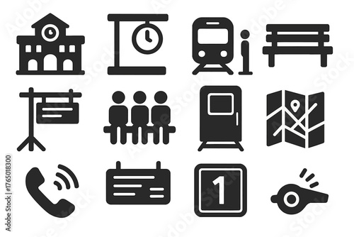 Railway Icon Set. Solid style icons of railway stations and platforms: train station building, platform with clock, boarding area,