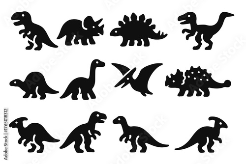 Prehistoric Dinosaur Icons. Solid style icons of Dinosaurs and prehistoric reptiles: T-Rex, Triceratops, Stegosaurus, Velociraptor