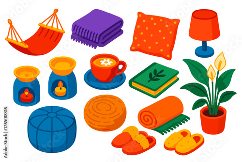 Cozy Relaxation Icons. Isometric vector illustration set relaxation and comfort: hammock, throw blanket, decorative cushion,