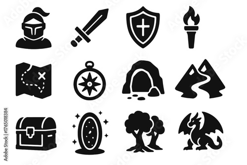 Adventure Icon Set. Solid style icons of Adventure and quest: knight, sword, shield, torch, map, compass, cave entrance, mountain