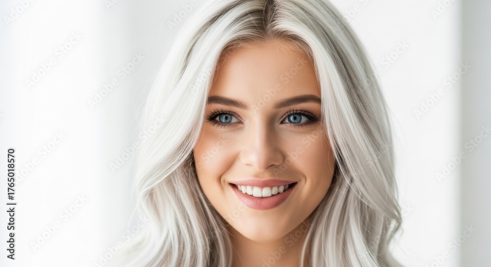 Naklejka premium Young woman with long silver hair and bright blue eyes smiling in a well-lit indoor space during daylight