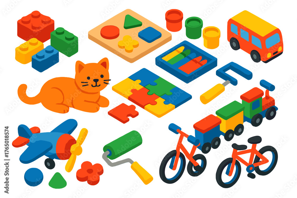 Fototapeta premium Creative Kids Playset. Isometric vector illustration set Creative Kids and Play: plastic building bricks-style bricks, wooden puzzle, paint jars, toy