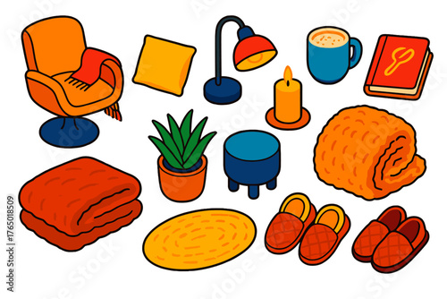 Relaxation Essential Icons. Isometric vector illustration set relaxation and comfort: swivel chair, cashmere throw, small cushion,