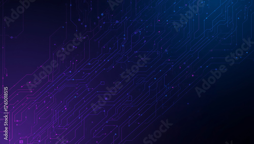 Dark blue and purple digital circuit board with glowing nodes and connections abstract technology