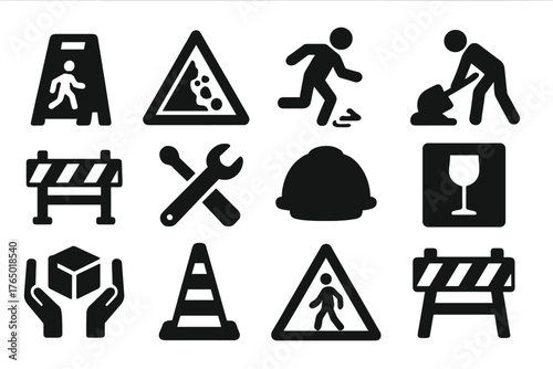 Safety Icons Collection. Solid style icons of Caution icons: wet floor sign, falling rocks symbol, slippery surface, construction