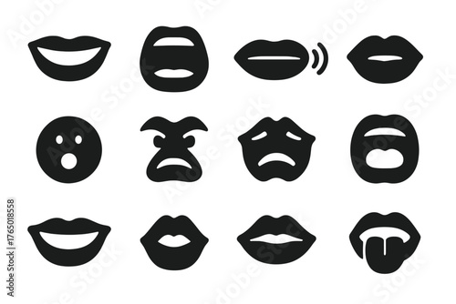 Diverse Mouth Expressions. Solid style icons of Mouths: smiling mouth, open mouth, closed mouth, whispering mouth, surprised mouth