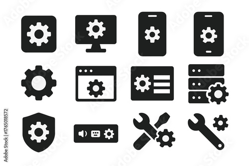 Solid System Icons. Solid style icons of software and system settings: app gear, computer settings icon, phone configuration,