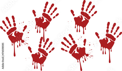 Bloody handprint vector illustration, dripping red paint splatter design, horror background graphic, Halloween decoration element, spooky crime art texture