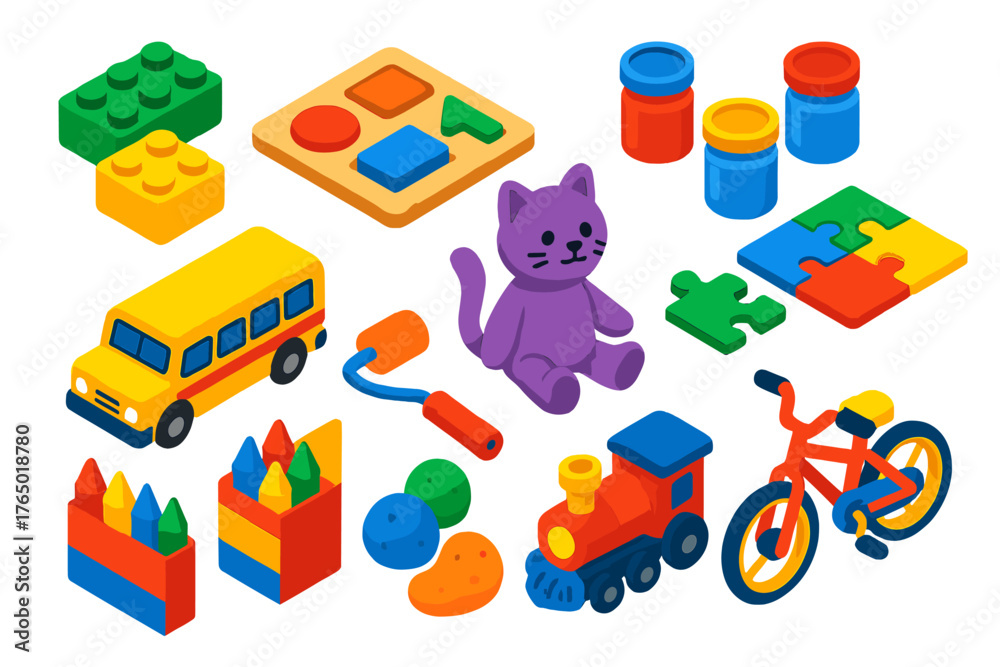 Fototapeta premium Creative Kids Playset. Isometric vector illustration set Creative Kids and Play: plastic building bricks-style bricks, wooden puzzle, paint jars, toy