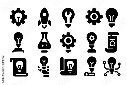 Invention Icon Collection. Solid style icons of Invention: cog with bulb, rocket bulb, bulb with tool, mechanical idea, creative