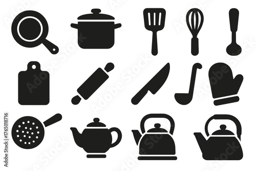 Kitchen Utensil Icons. Solid style icons of kitchen utensils: frying pan, cooking pot, spatula, whisk, cutting board, rolling pin,